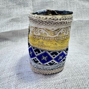 OOAK Wide Cuff Bracelet Fabric Bohemian Multicolor Embellished Handmade Artisan